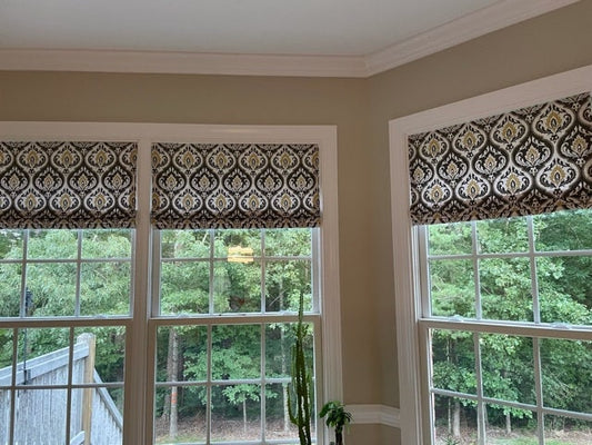 Faux Roman Shade Valance in Neutral Rubina Taupe Grey and Gold Damask Print, Fully Lined, Custom Made Window Treatment