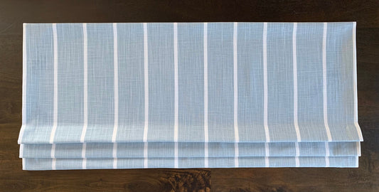 Custom Made Faux Roman Shade Valance in Light Blue and White Stripe, 100% Cotton Slub Fabric.  Fully Lined Valance, Mineral Powder Blue,