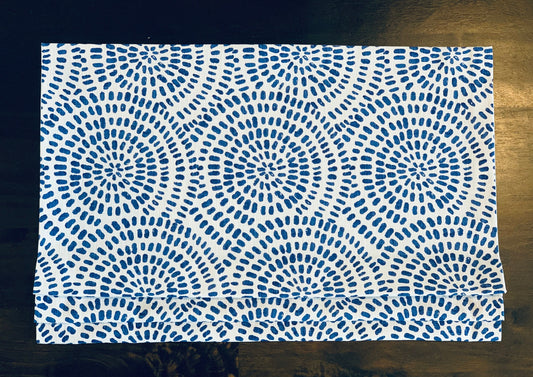 Faux Roman Shade Valance in Blue and White Graphic Circles on 100% Cotton Slub Canvas, Fully Lined Window Treatments, Bay Windows