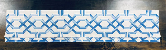 Custom Made Roman Shade Valance in Ander Palace Blue and White Geometric Print on 100% Cotton Slub, Fully Lined Fake Roman Shade