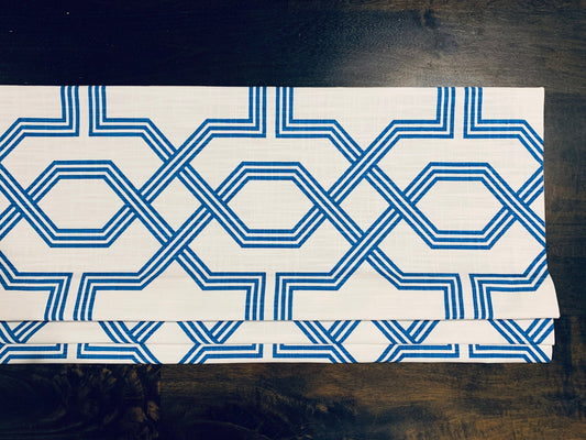 Custom Made Roman Shade Valance in Ander Palace Blue and White Geometric Print on 100% Cotton Slub, Fully Lined Fake Roman Shade