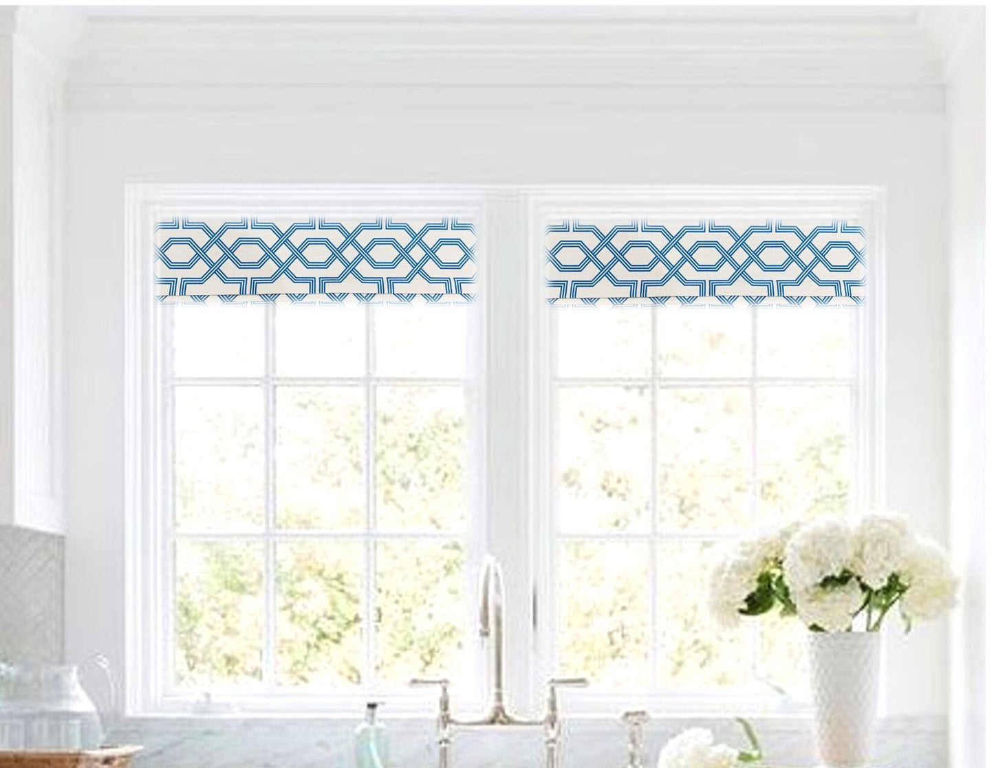 Custom Made Roman Shade Valance in Ander Palace Blue and White Geometric Print on 100% Cotton Slub, Fully Lined Fake Roman Shade