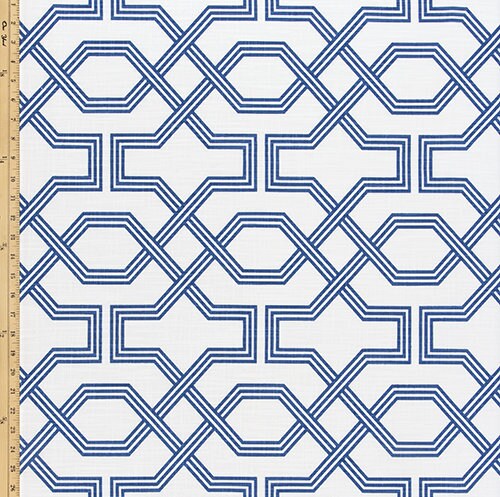 Custom Made Roman Shade Valance in Ander Palace Blue and White Geometric Print on 100% Cotton Slub, Fully Lined Fake Roman Shade