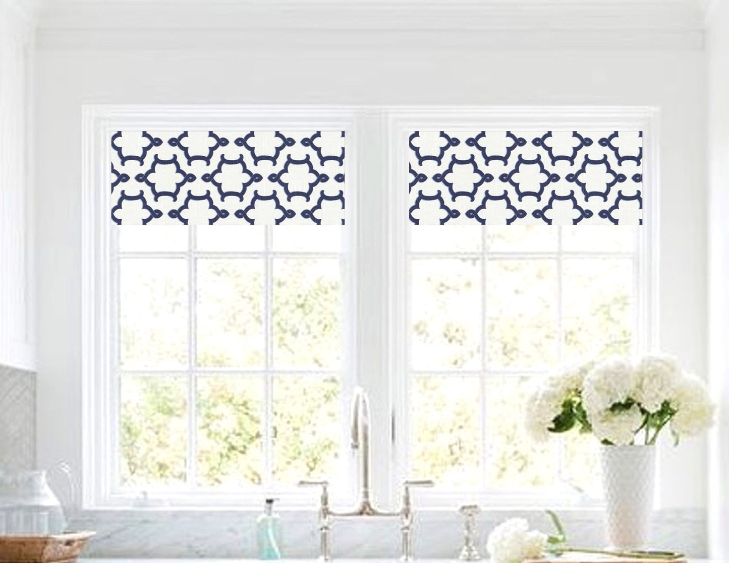 Straight Valance in Kasmir Blue and White Print, Custom Made, Fully Lined, 100% Cotton Fabric, Kitchen Window Curtains, Faux Linen