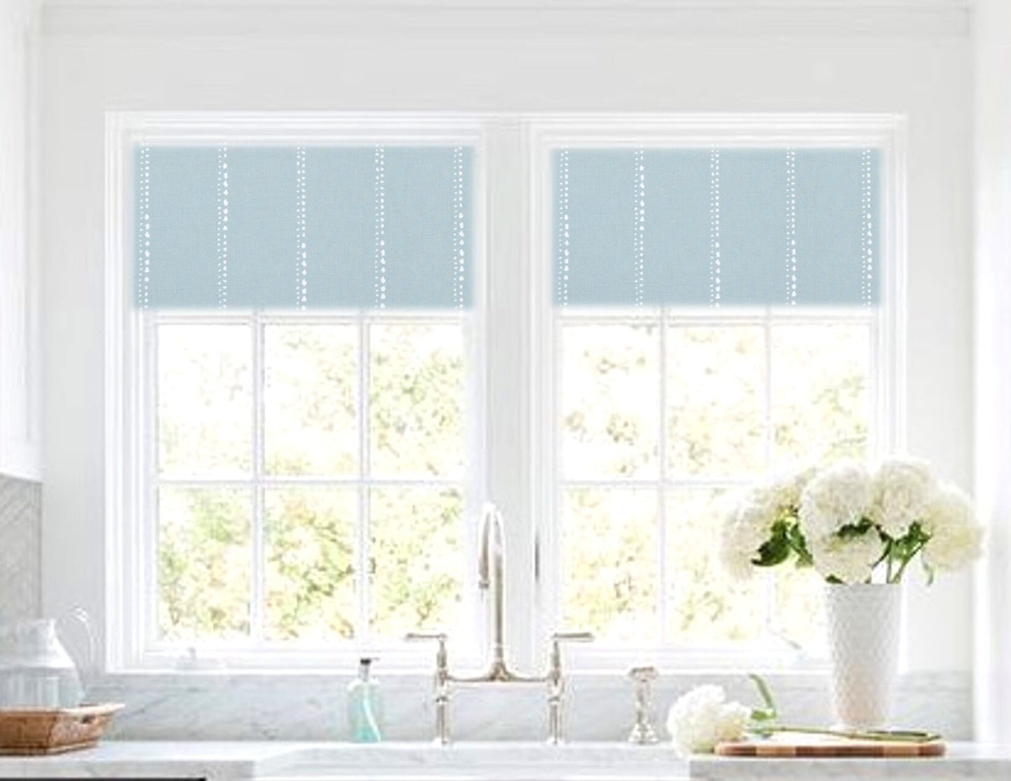 Straight Custom Valance in Dotted White Stripe on Spa Blue Fabric, 100% Cotton, Fully Lined, Custom Made valance window treatments