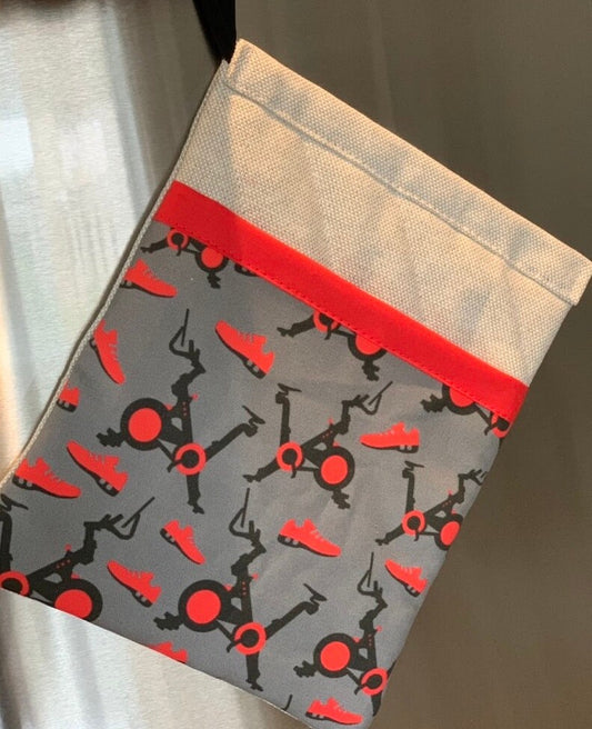 One of a Kind Custom Made Pelo Pocket Pot Holders, Spin Bike and Shoes Fabric of Cotton Linen Canvas, Sturdy Quilted Exterior, Great Gift