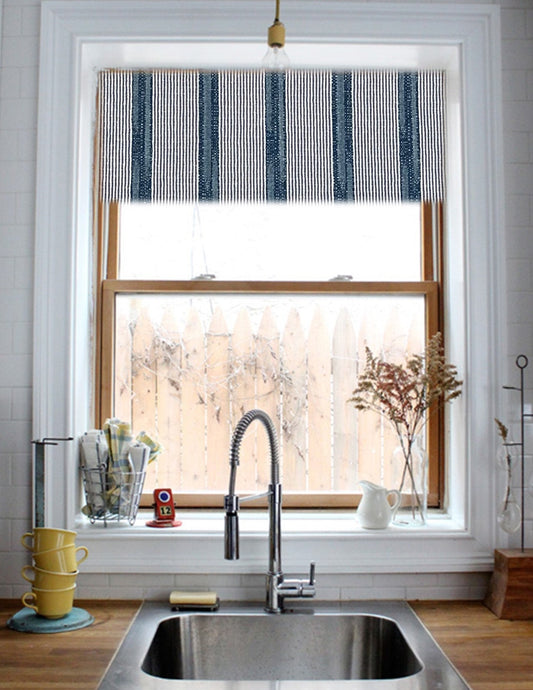 Straight Custom Valance in Blue Denim Stripe on 100% Cotton Fabric, Fully Lined, Blue and White Custom Made Window Treatments