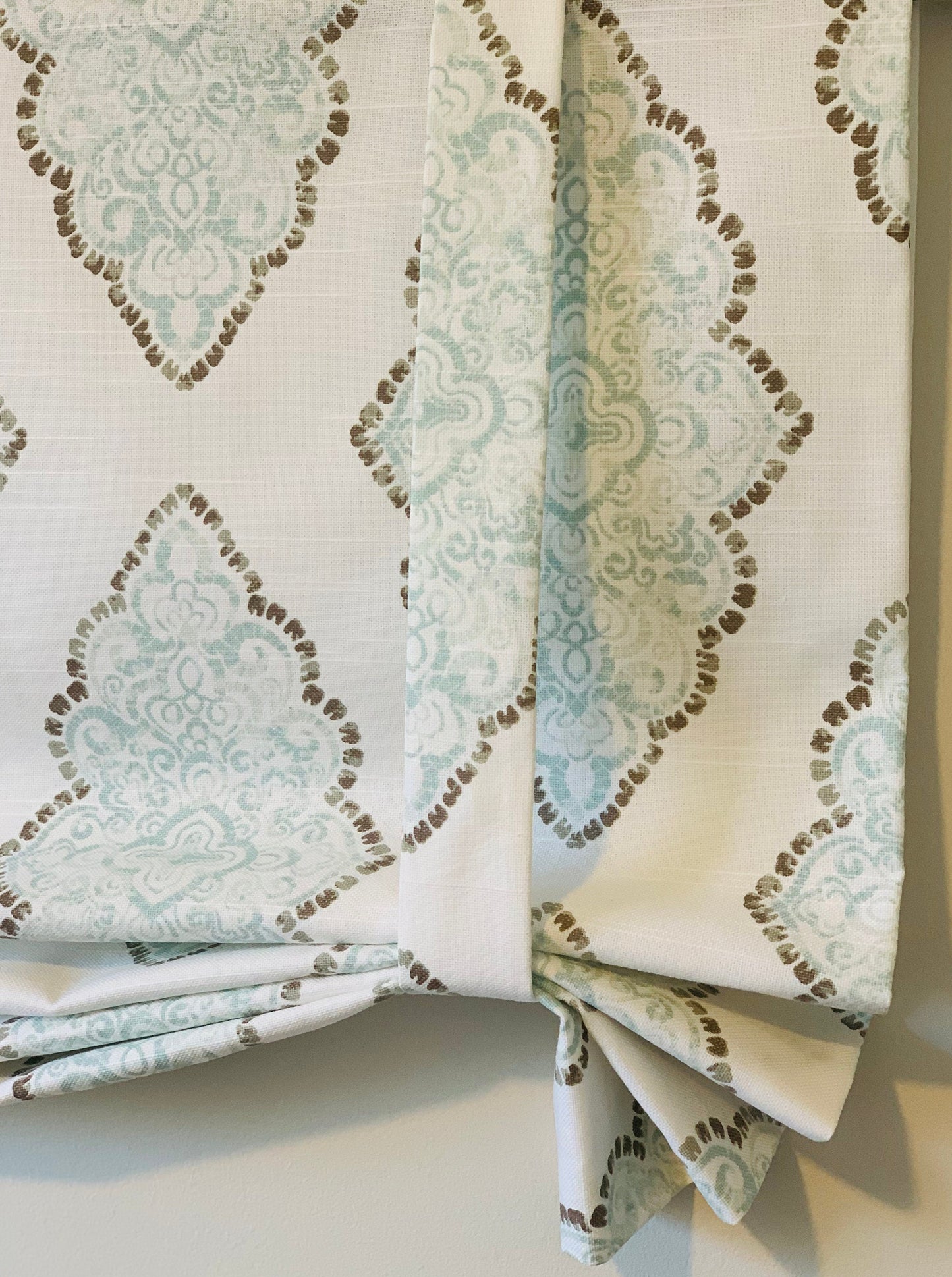 Custom Made, Fully Lined Tie Up Valance in Blue, White, Brown Damask Print, Relaxed Faux Roman Shade Valance, Monroe Snowy Cotton Slub
