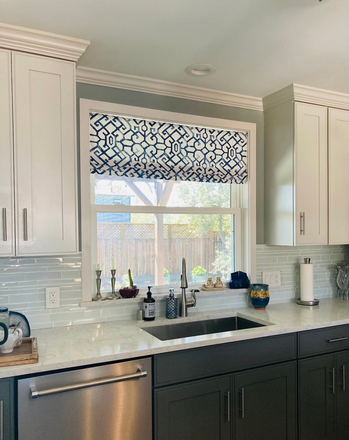 Custom Made Faux Roman Shade Valance in Modern Blue and White Trellis Print, Fully Lined