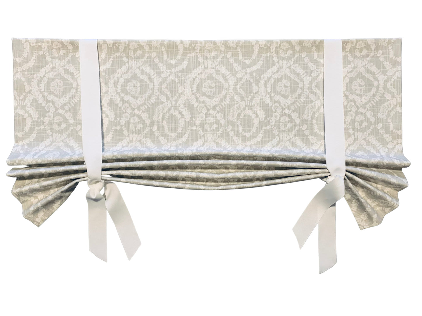 Custom Made, Fully Lined Tie Up Valance in French Grey and White Braylon Print, 100% Cotton Relaxed Faux Roman Shade Valance