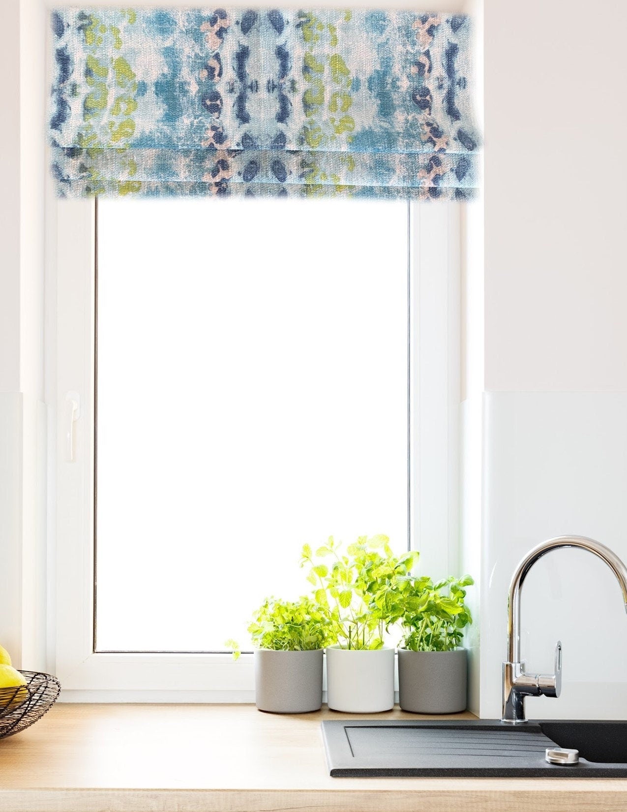 Faux Roman Shade Valance in Blue, Green and Natural Birch Pattern on 100% Premium Cotton Fabric, Custom Made, Fully Lined Valance