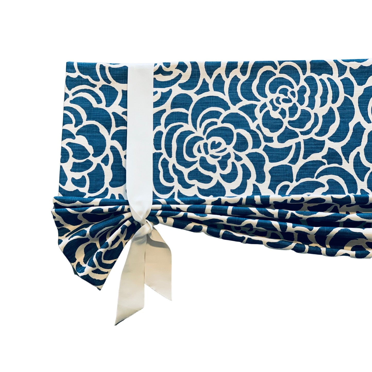 Custom Made, Fully Lined Tie Up Valance in Navy or Light Blue and White Floral on Premium Cotton Linen Fabric, Relaxed Faux Roman or Roll Up