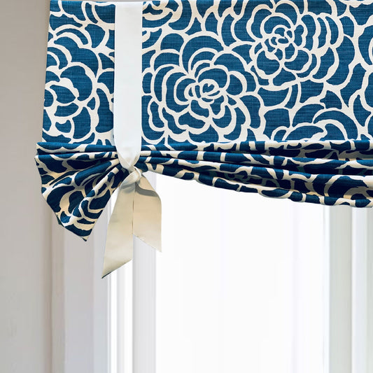 Custom Made, Fully Lined Tie Up Valance in Navy or Light Blue and White Floral on Premium Cotton Linen Fabric, Relaxed Faux Roman or Roll Up
